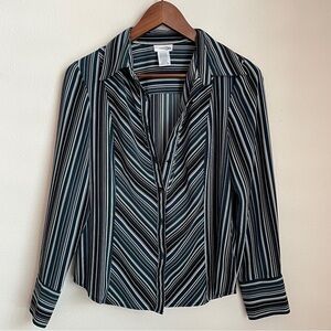 Y2K Women’s Striped Button-Up Top Blue Preppy Office Career Size Medium